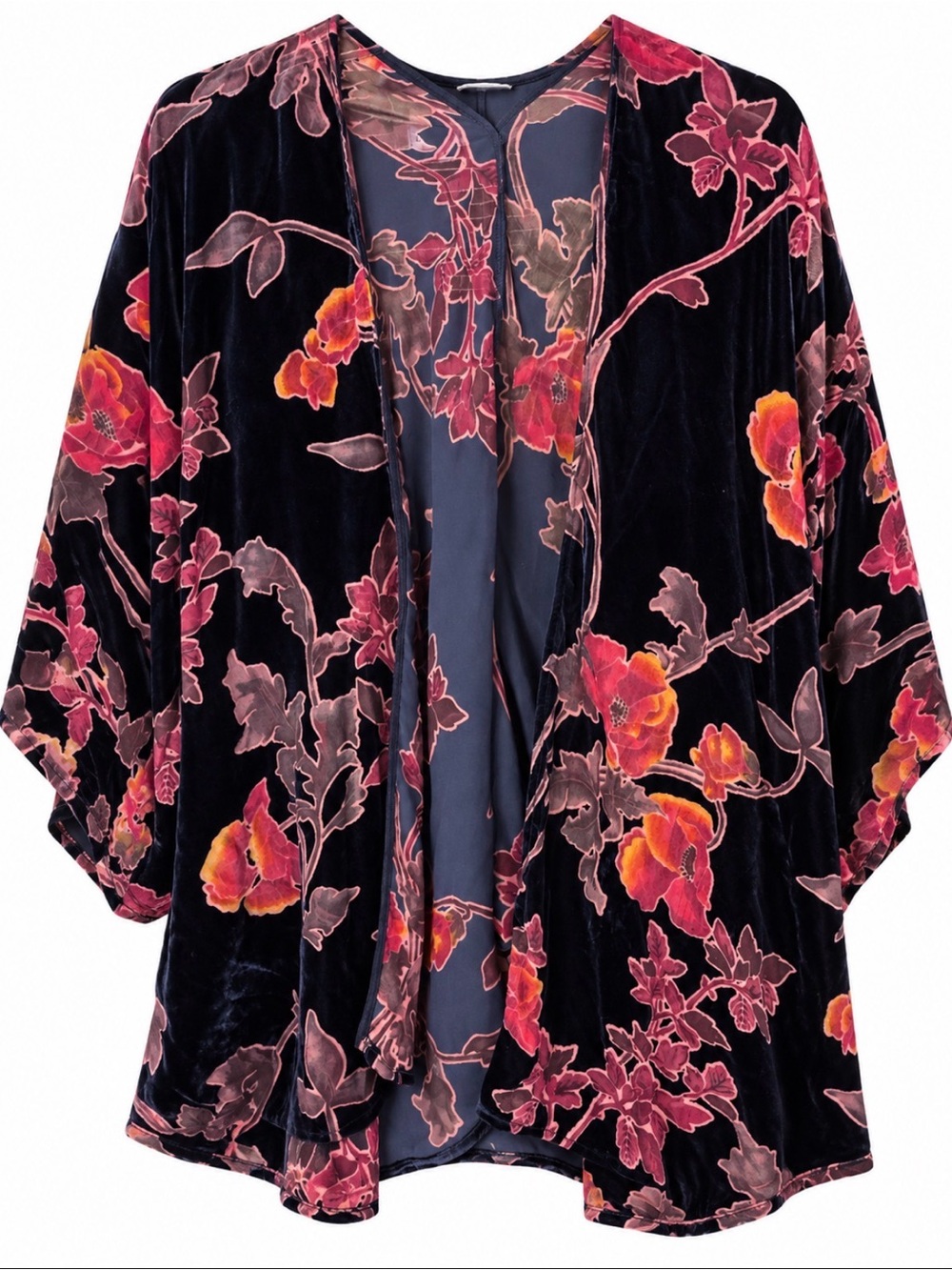 Entro Floral Velvet Kimono Robe - Black & Pink